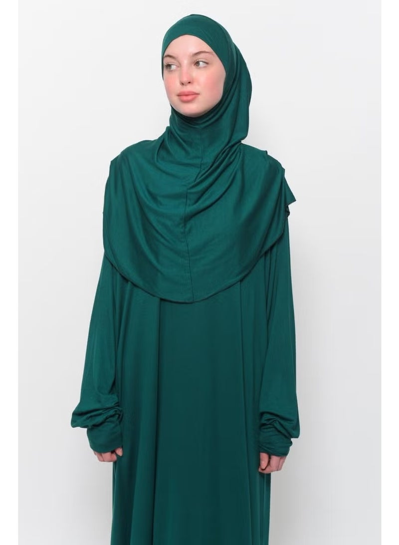 Altobeh Practical One Piece Cotton Bat Sleeves Removable Organic Hijab Prayer Dress with Headscarf - Green - Image 2